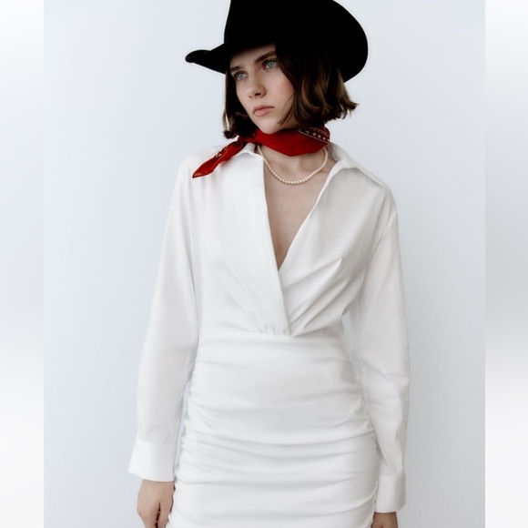 Zara white ruched shirt dress - Picture 2 of 7